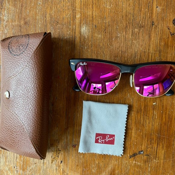 Ray-Ban Clubmaster Matte Black Frame on Gold Pink Reflective Lenses Sunglasses - Picture 5 of 6